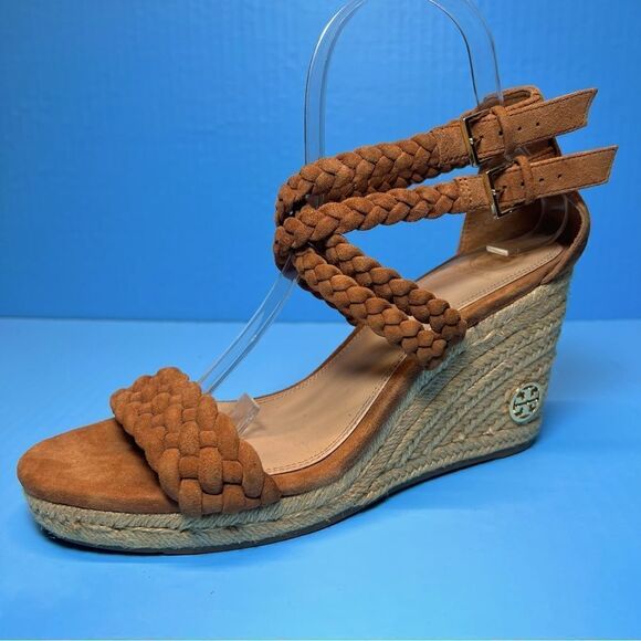 Tory Burch Bailey Braided Ankle Strap SOHO Lux Suede Espadrille Wedge Sandals 9 - Picture 1 of 13